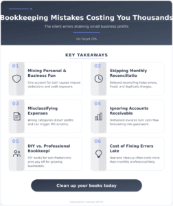 Infographic: The Bookkeeping Mistakes That Cost Small Businesses Thousands Every Year (And How to Stop Making Them) - Key concepts and takeaways