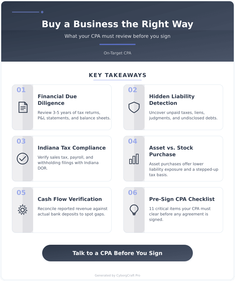 Infographic: Buying a Business in Indianapolis? Here's What Your CPA Needs to Review Before You Sign Anything - Key concepts and takeaways