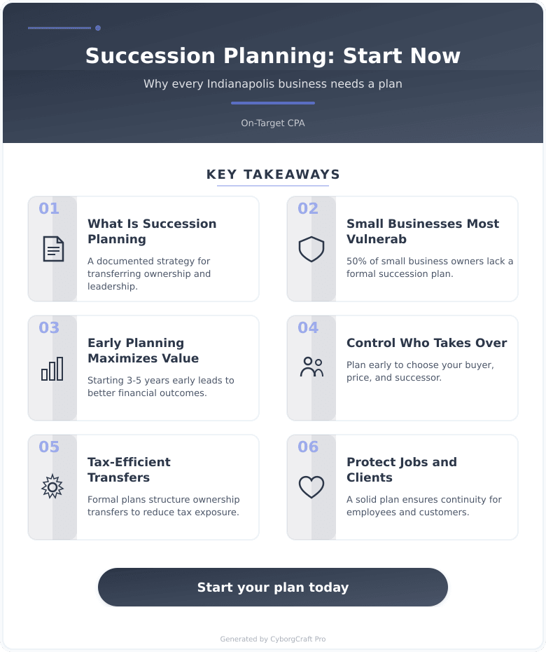 Infographic: Succession Planning Is Not Just for Big Companies - Why Every Indianapolis Business Owner Needs a Plan Now - Key concepts and takeaways