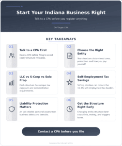 Infographic: How to Start a Business in Indiana the Right Way - Before You Register Anything, Talk to a CPA - Key concepts and takeaways